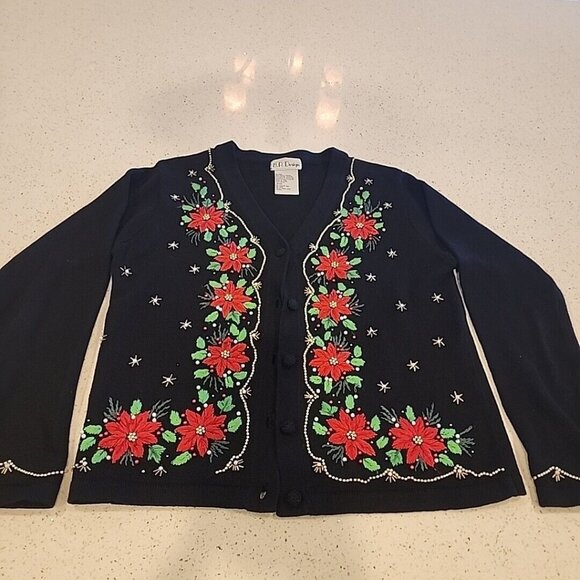 Embellished Christmas Button-up Cardigan Sweater Black Beaded Embroidery - Picture 1 of 8
